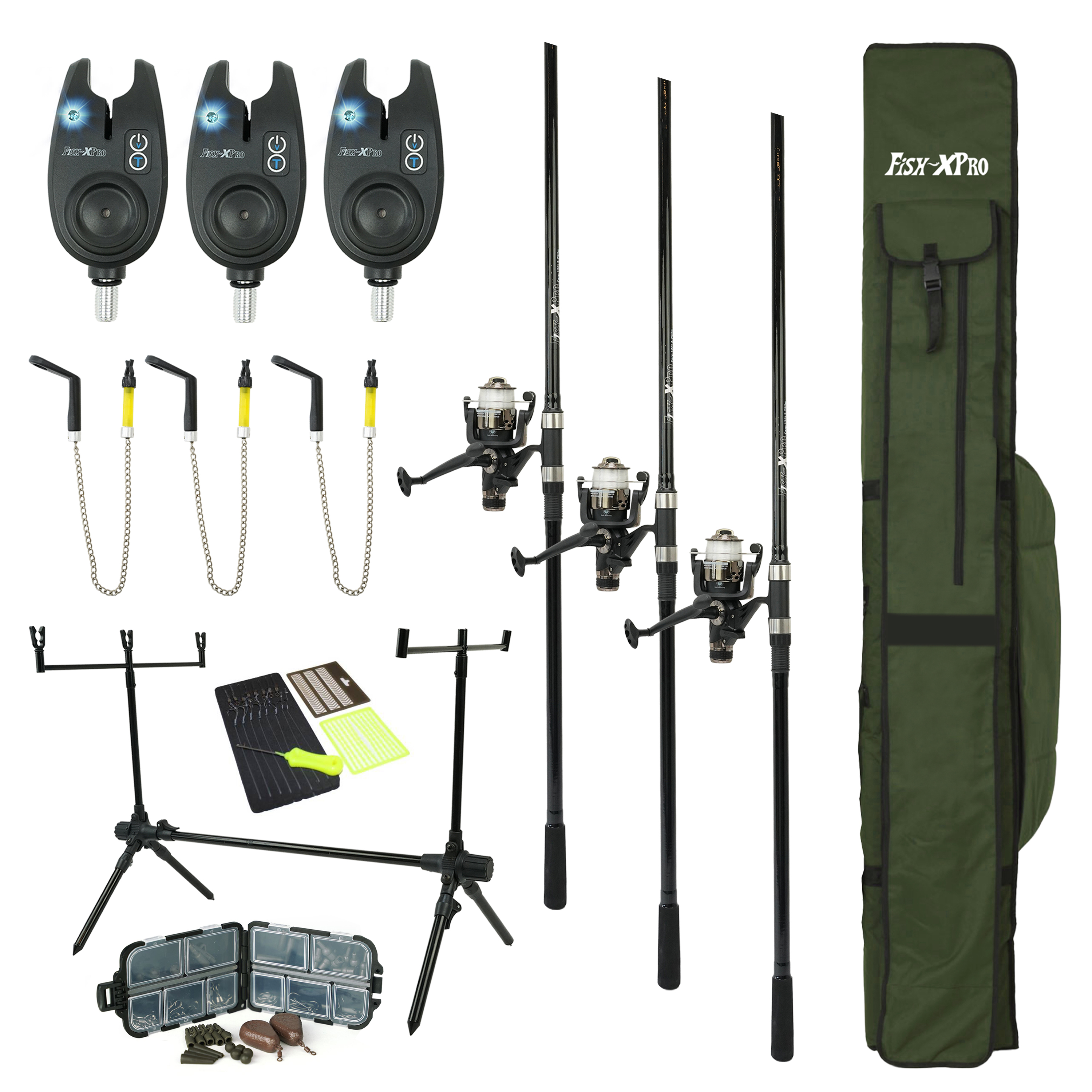 FISH-XPRO Karper Set Plus 3-Rod - Karperhengelset Zwart - 96-Delig - Beetmelders - Swingers - Rodpod - Achtersteunen - Foudraal 