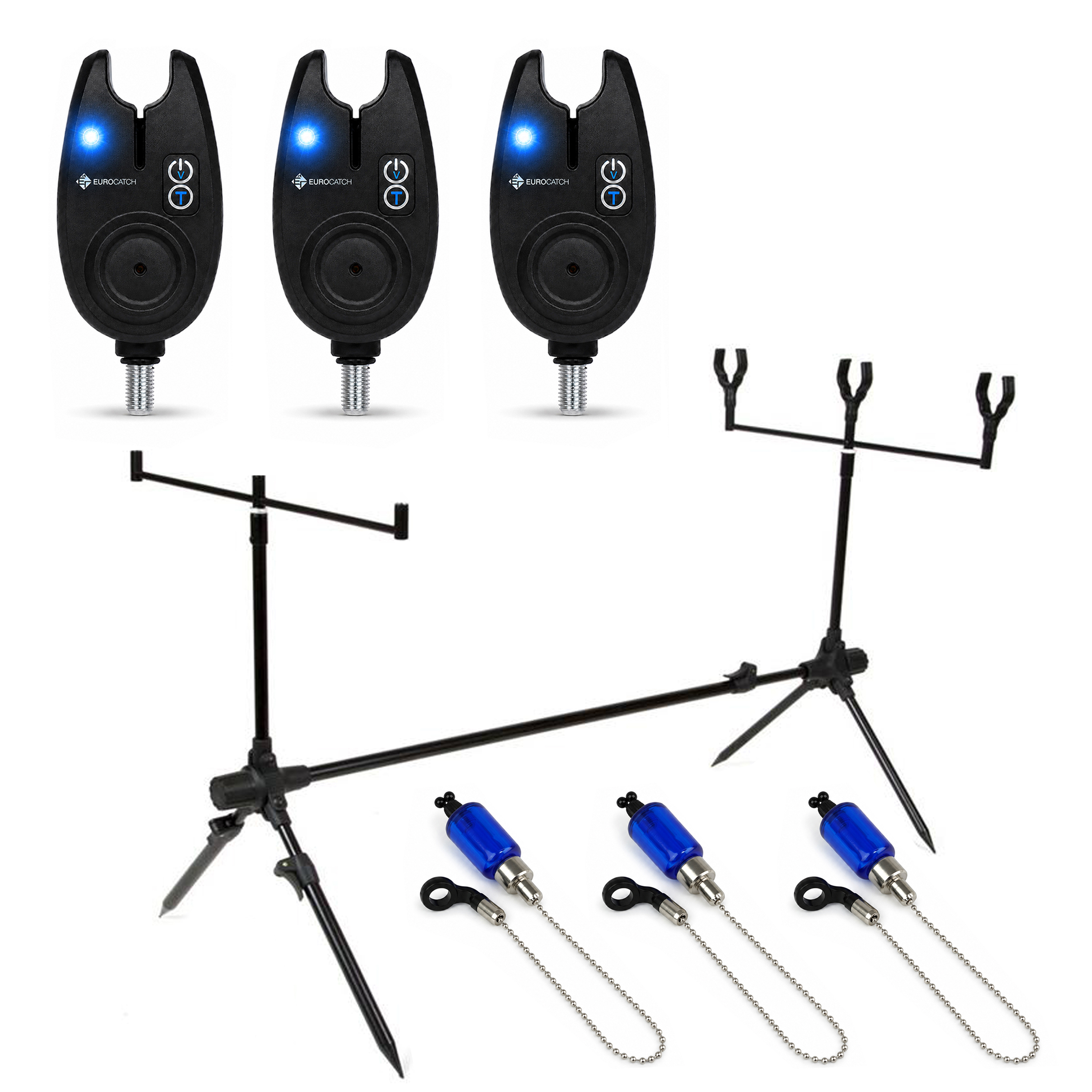 X2 Base Rodpod - Set - Incl 3 Beetmelders - 3 Swingers - Zwart - Blauwe Leds - Karpervissen