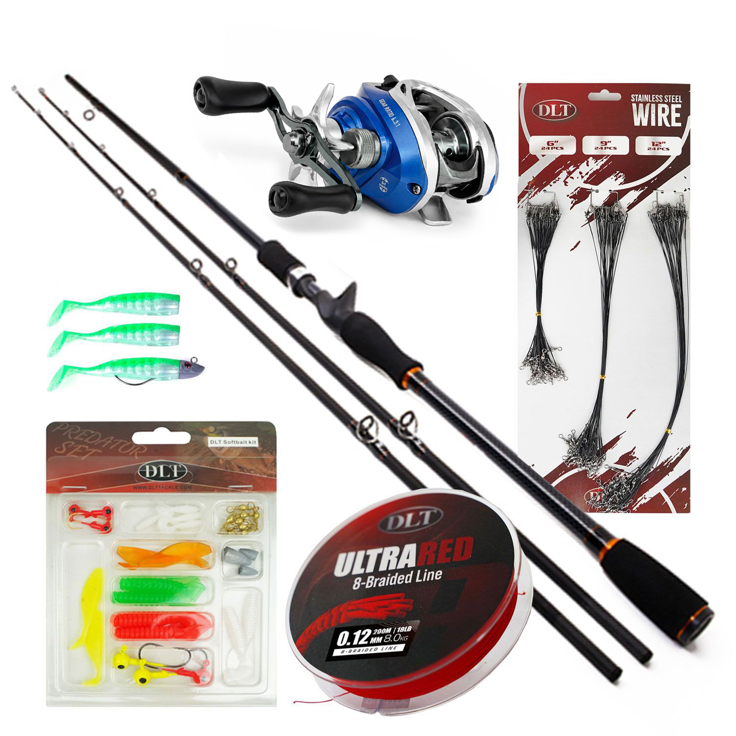 X2 Terminator Baitcaster Set - Baitcaster hengel & reel - Gevlochten Lijn - Staaldraadjes - Softbaits