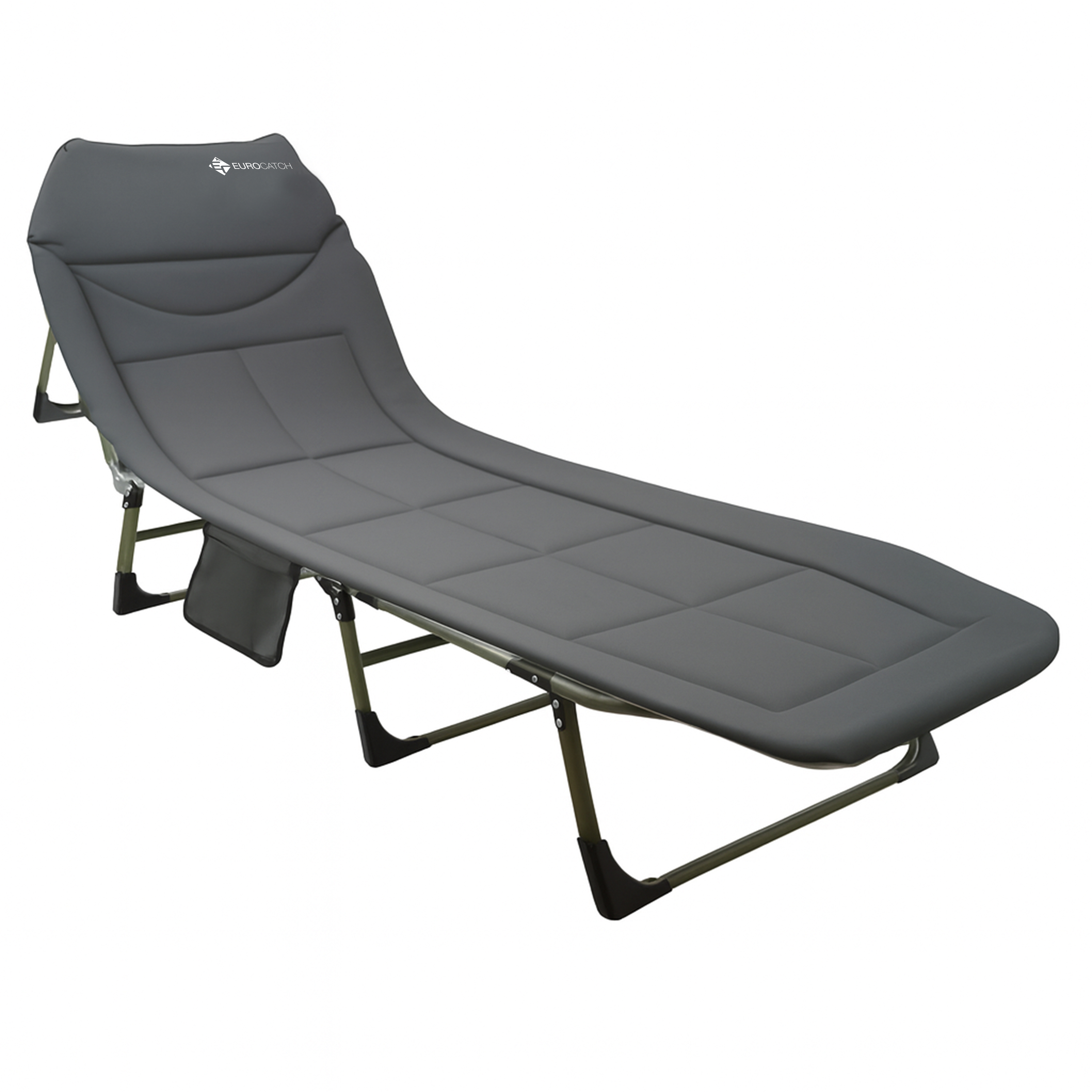 Eurocatch Karperstretcher Bedchair – 8-Poot Verstelbaar Campingbed met 5-Standen Rugleuning, Gevuld Hoofdeinde, Zijvak & Inklapbaar– Groen – 195×65×27 cm