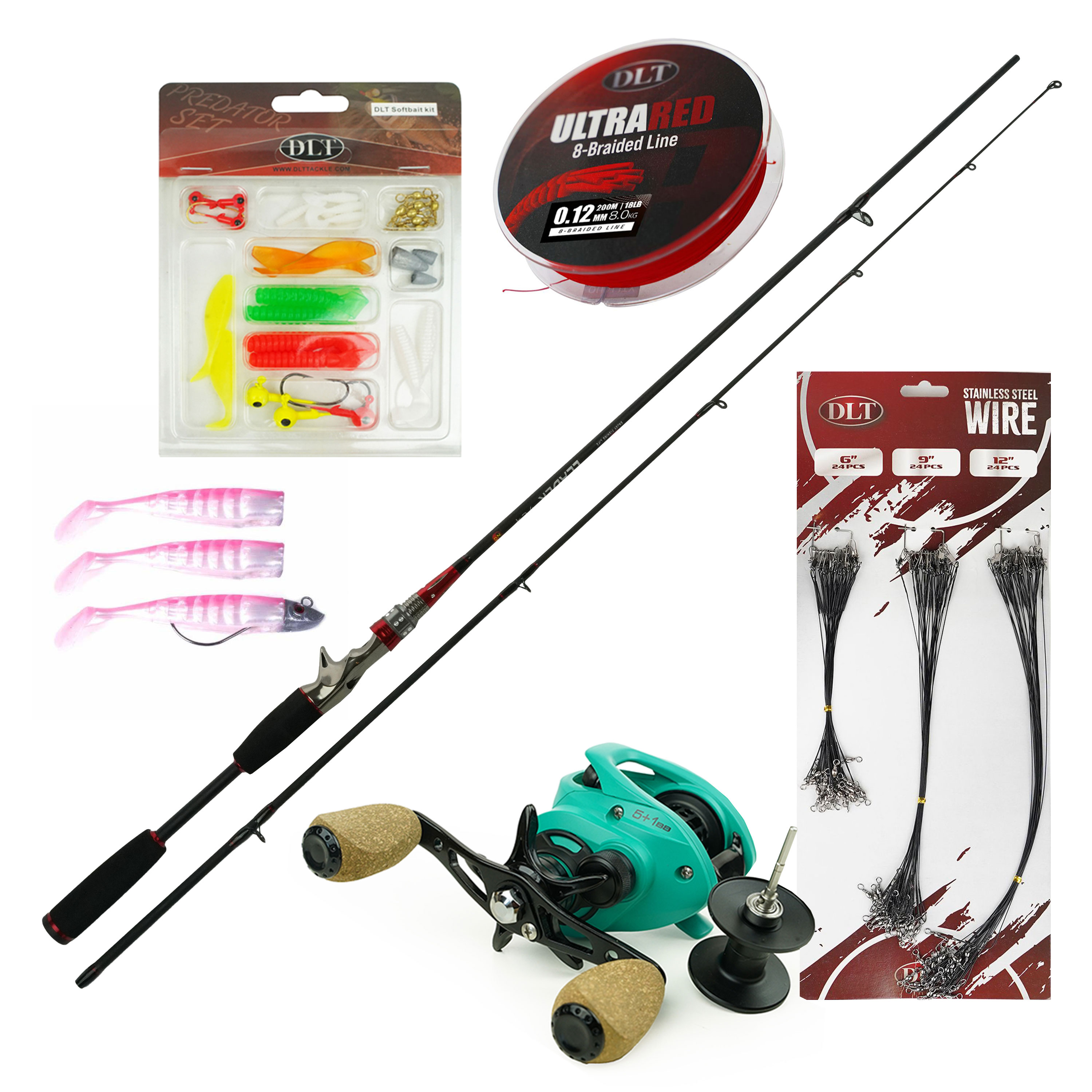 Eurocatch Baitcaster set Deluxe - Baitcasterhengel  & Baitcasterreel - Gevlochten lijn - Sofbait kit - Staaldraadjes