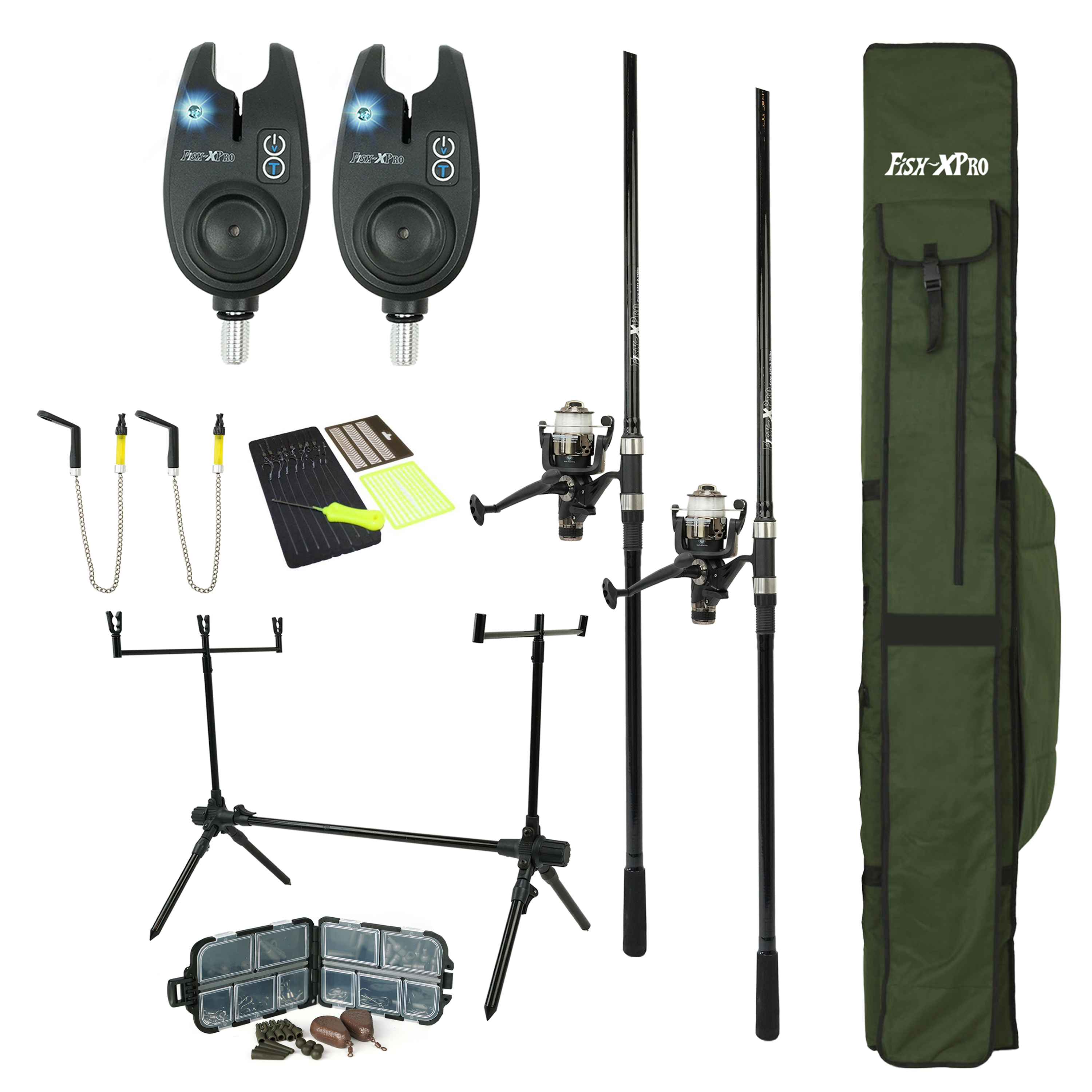  FISH-XPRO Karperset - Carpset Pro Improve Set - 2-Rod | Karperhengelset - Extra Uitgebreid - 96-Delig