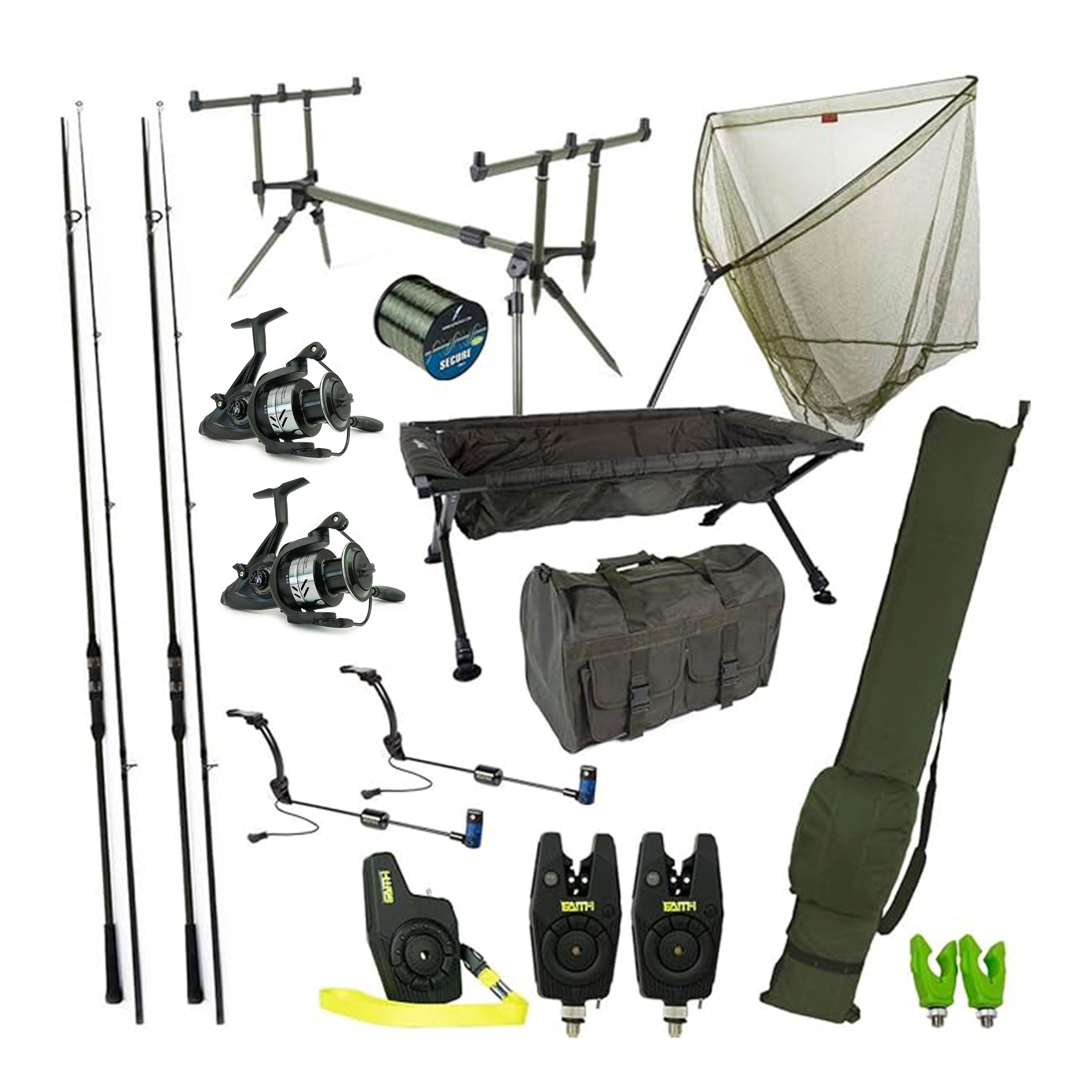 X2 - Karperset - Carp deluxe set - Hengels - Molens - Schepnet - Onthaakmat - Rodpod - Beetmelders -Vistas