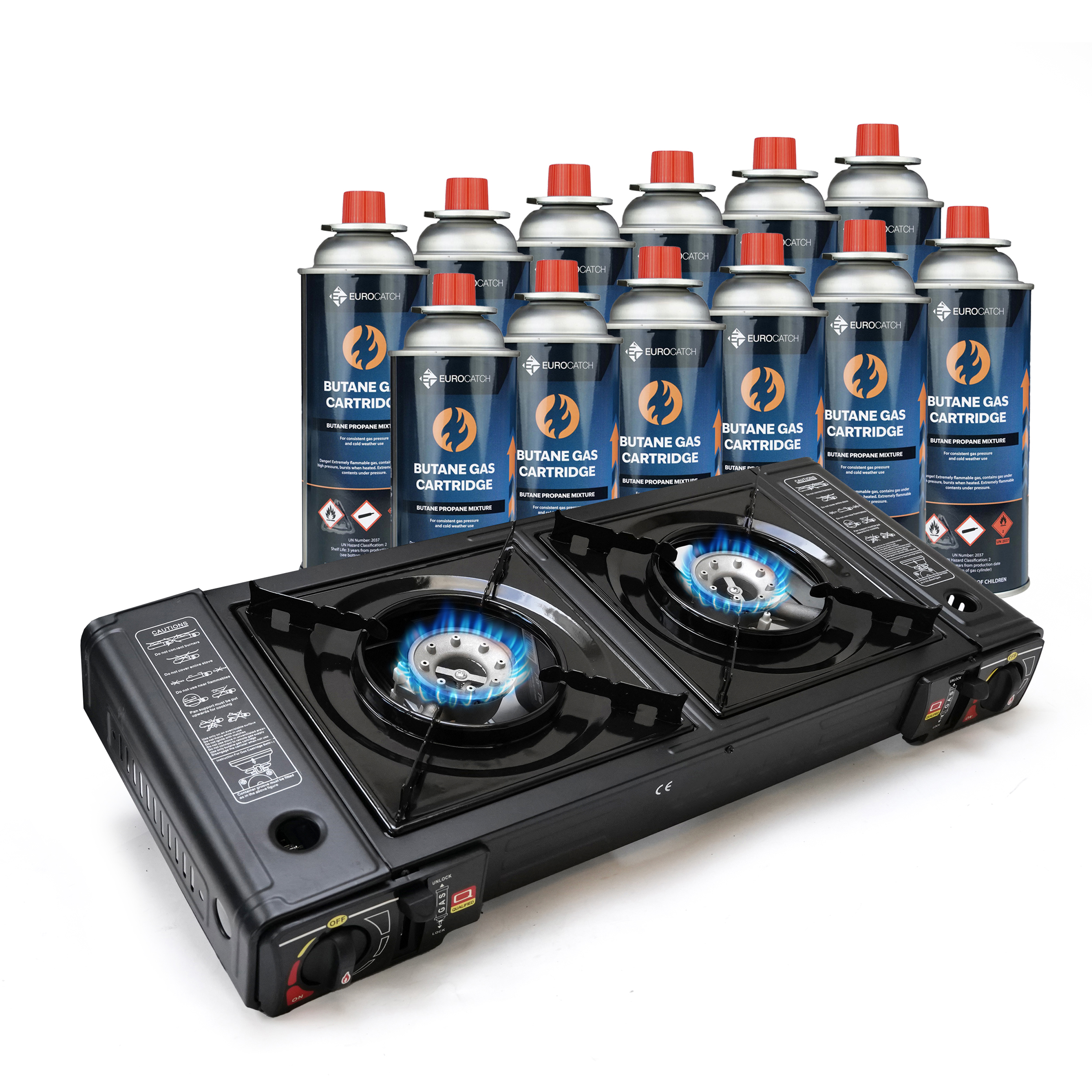 Réchaud à gaz double Eurocatch Réchaud à gaz 2 brûleurs avec 12 bonbonnes de gaz