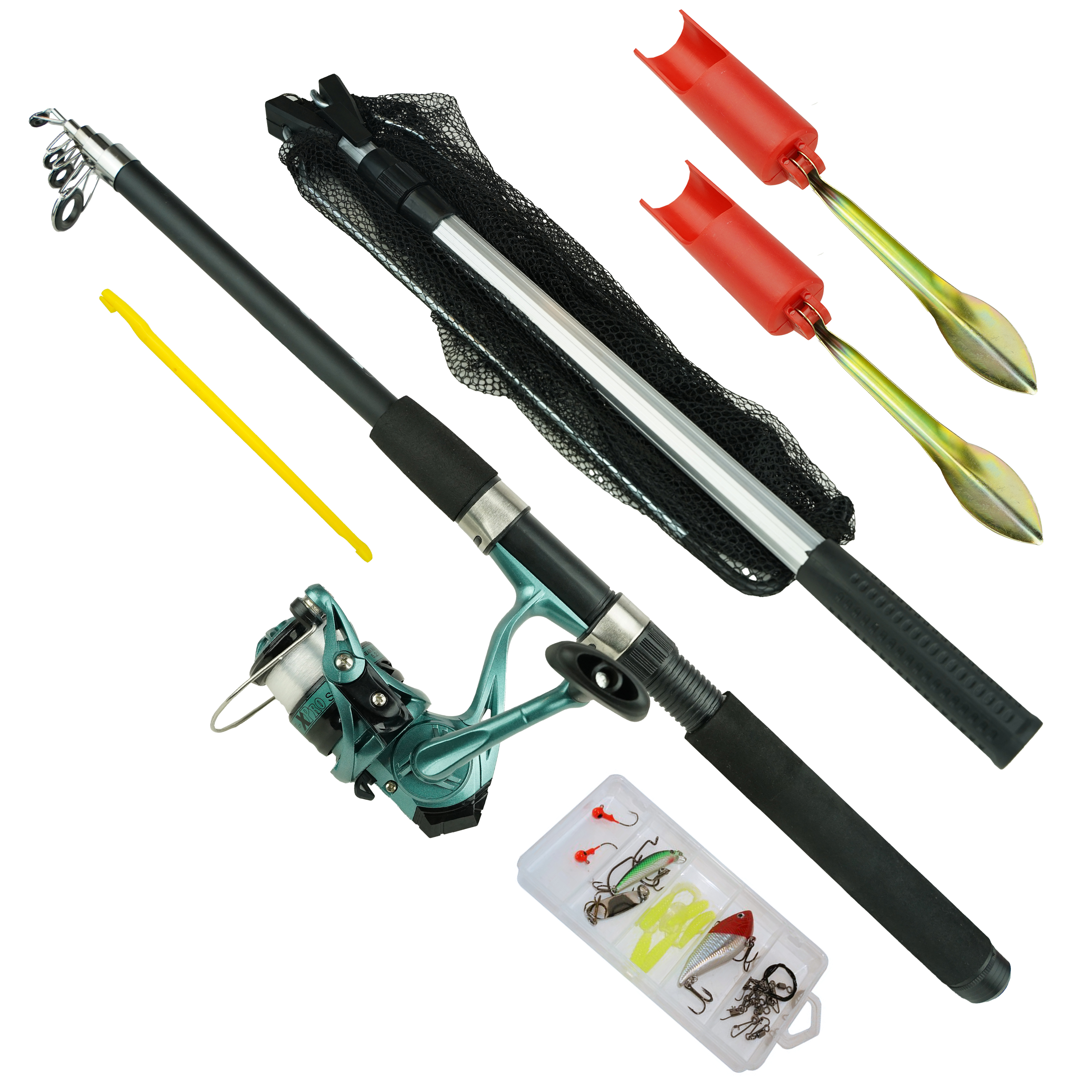 Fish-Xpro Allround Vishengel Set  2,10m - Werpmolen met Nylon - Schepnet 40x40 - Hengelsteun - Tackle Box met Accessoires