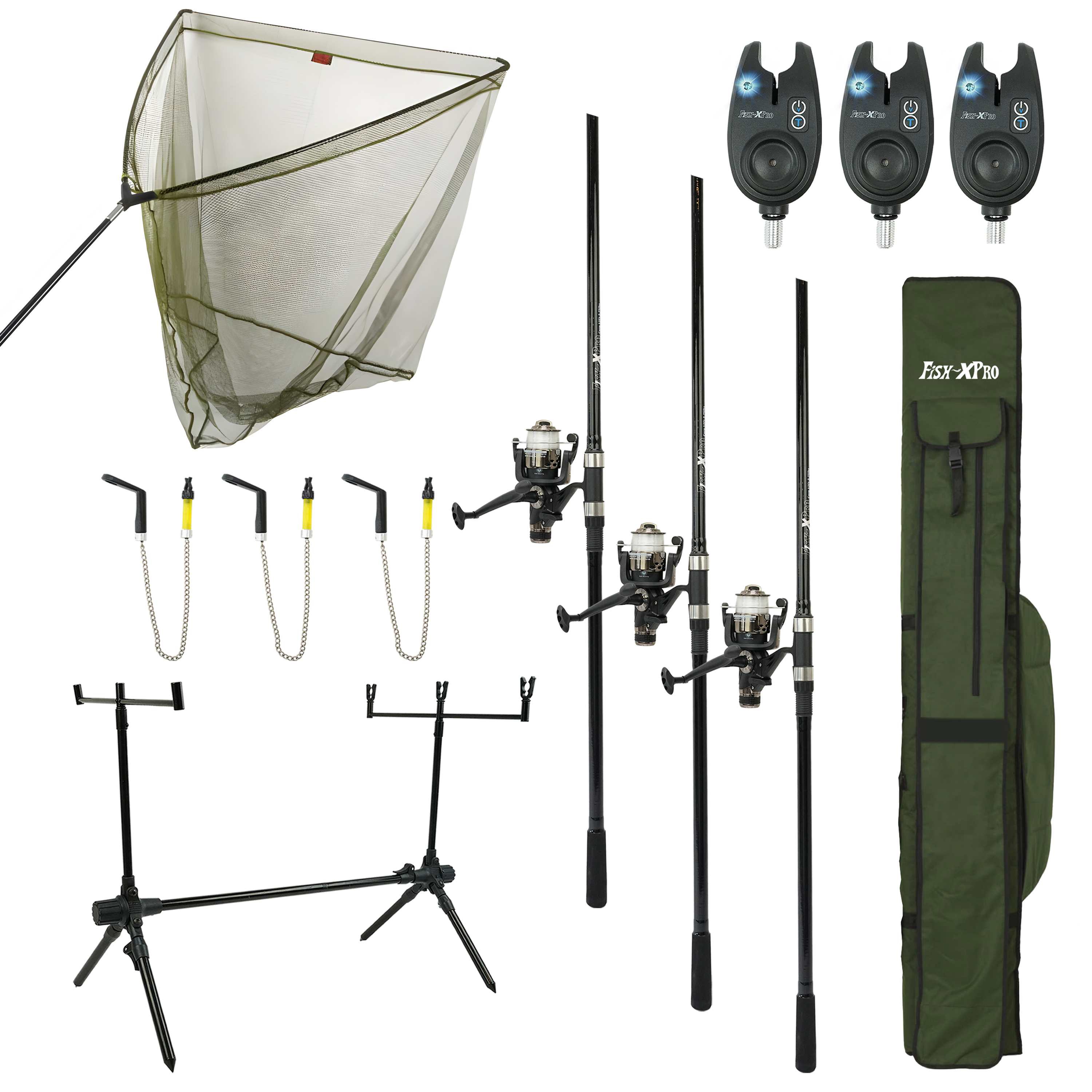 FISH-XPRO - Karpfenset -Improve Deluxe - 3 komplette Ruten - Karpfennetz - Rod Pod - Bissanzeiger