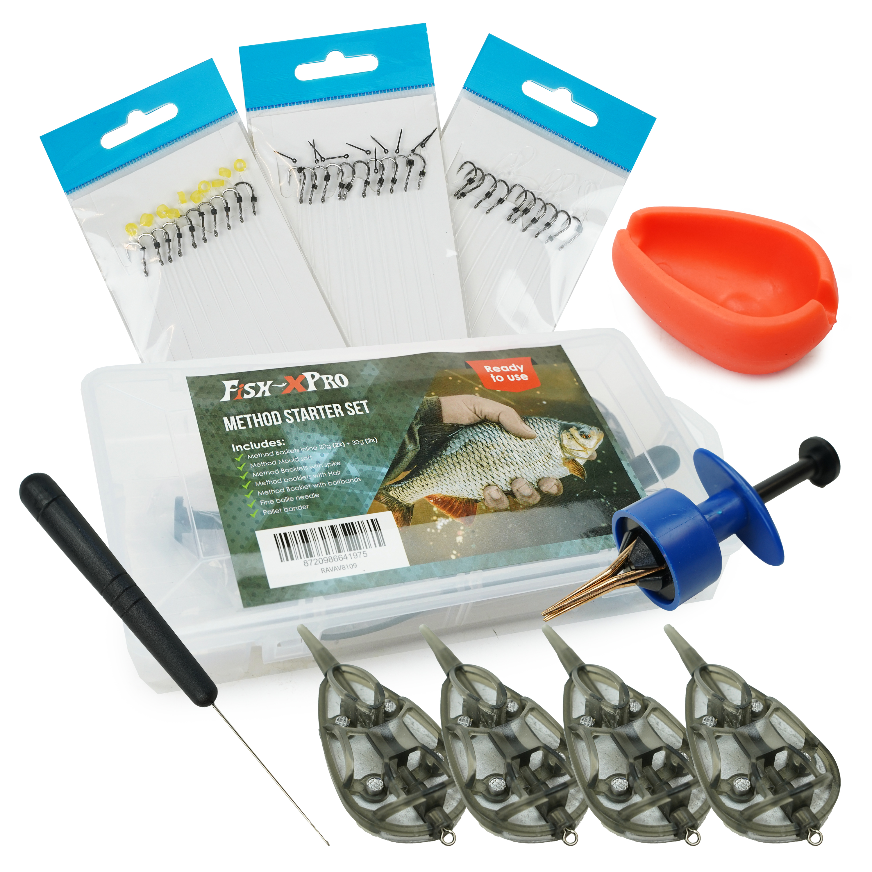 FishXpro Method starter set - Complete Methodvis Set - Onderlijnen - Methodkorven - Pelletbander – Boilienaald