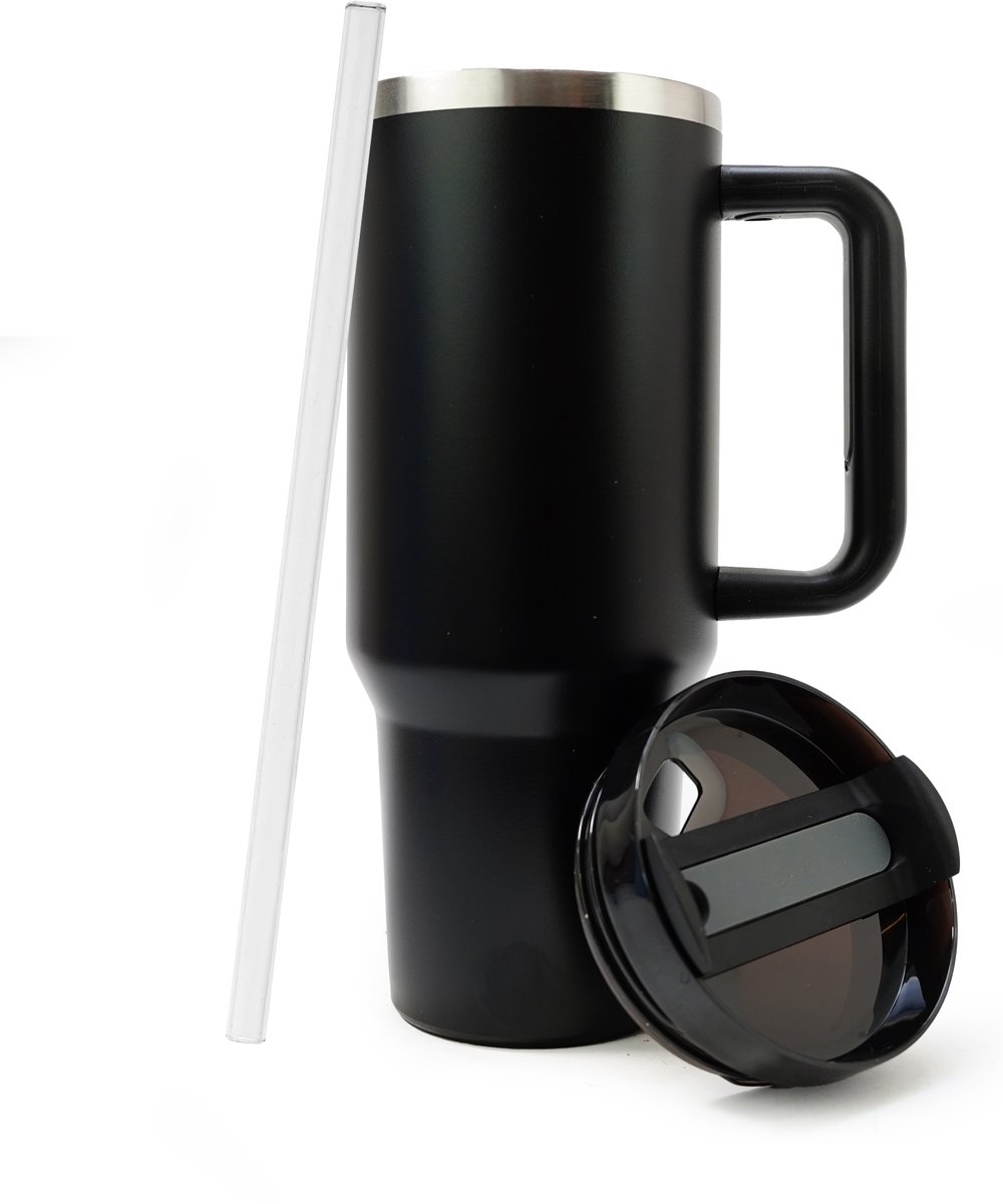 Eurocatch Tumbler 1.2L - Thermosbeker met Rietje en Handvat - 11 uur koud 48 uur met ijs - Vaatwasser bestendig - Zwart